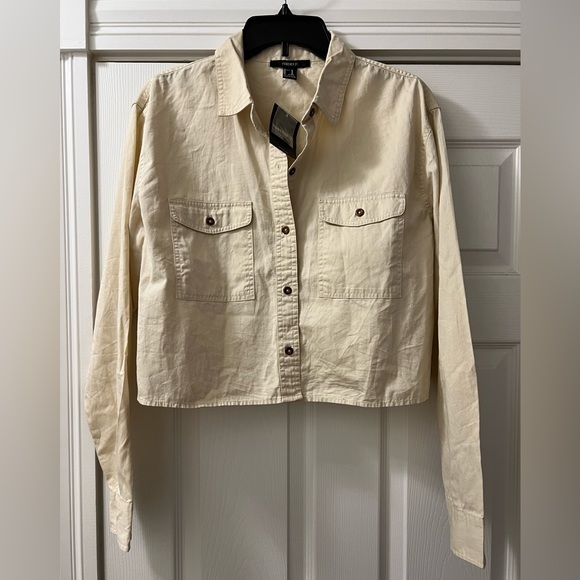NWT Forever 21 Woven Button Down Shirt Natural - Picture 11 of 14